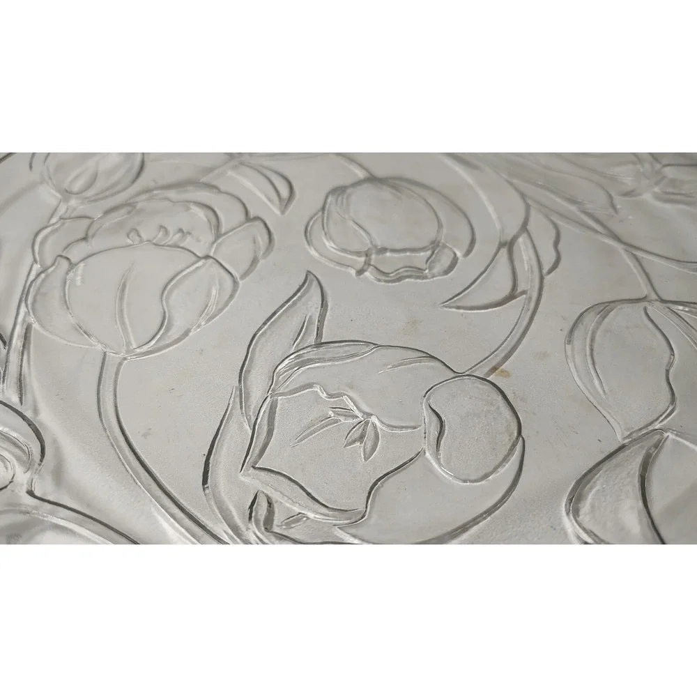 Vintage Kig Group Round Serving Platter Embossed Tulips‎ Clear Glass 13 inch SEE